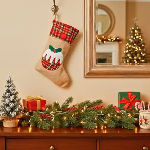 Shatchi Large Christmas Pudding Xmas Stocking in Brown Burlap Hessian Linen, W/H: 26 x 45 cm – 2
