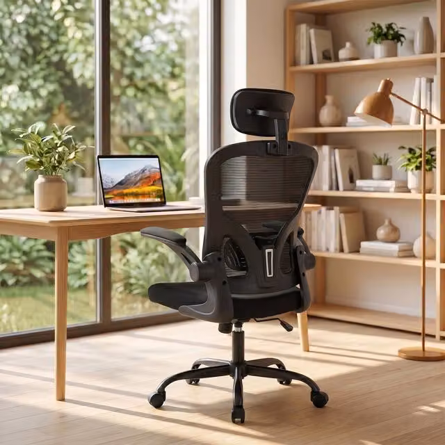 Livingandhome Modern Black Fabric Executive Office Chair with Headrest and Extendable Footrest