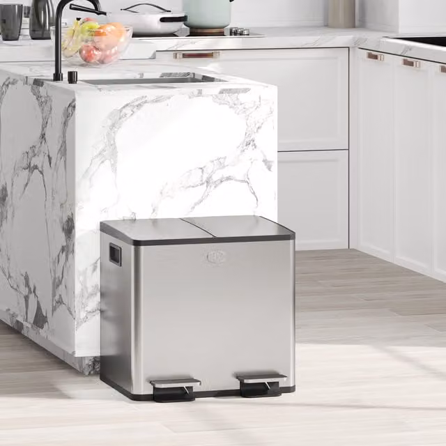 HOMCOM Silver Stainless Steel Pedal Kitchen Bin with 2 x 15L Removable Inner Buckets