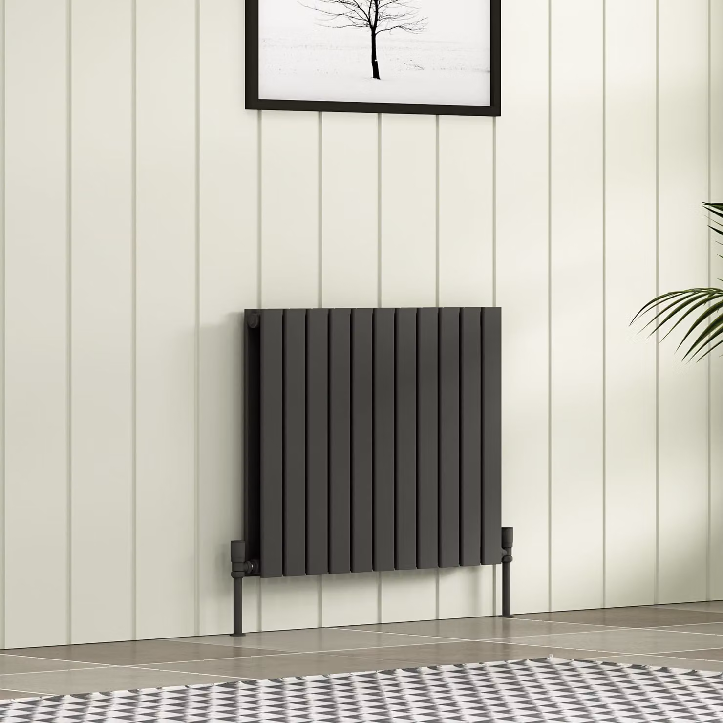 Aurexa Anthracite Double Flat Panel Horizontal Designer Steel Radiator, W: 74.8 cm, H: 74.8 cm