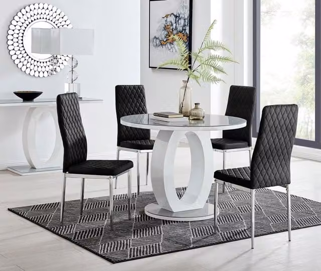 FurnitureboxUK Giovani Round Dining Set with Grey Glass Top 100cm White High Gloss Halo Base Table and 4 Black Soft Velvet Milan Chairs with Silver Legs – 1