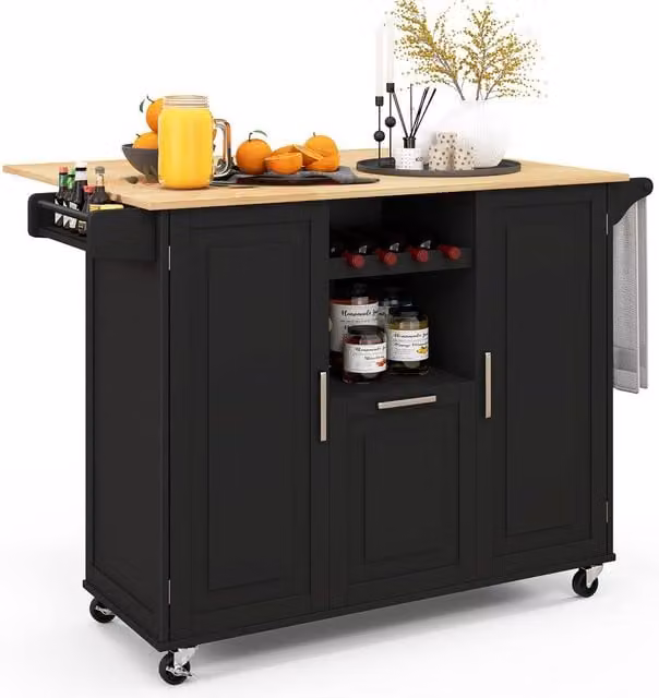 Costway Rolling Kitchen Trolley Cart with Drop-Leaf Countertop in Black – 1