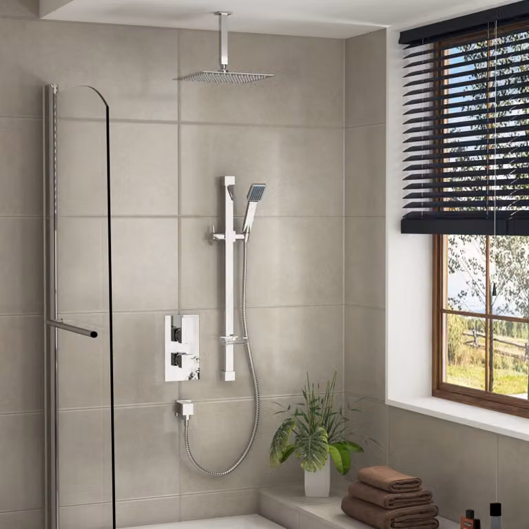 Royal Bathrooms Elegance Square Thermostatic Diverter Shower Mixer Kit with Ceiling Arm, Sliding Rail, Hand Shower and Rigid Column in Chrome