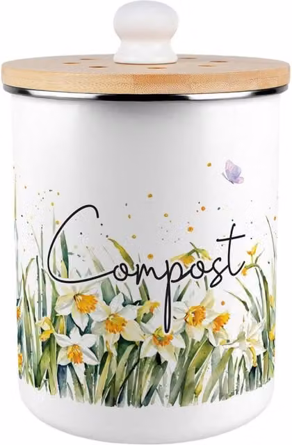 Purely Home Spring Daffodils Metal Compost Caddy with Flip Lid, 2L, Green