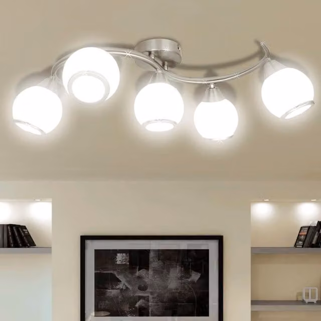 Berkfield Home Modern Ceiling Lamp with White Glass Shades and Silver Waving Rail for 5 x E14 Bulbs – 1