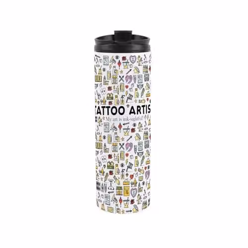 Purely Home Tattoo Artist Novelty Travel Flask, Reusable Stainless Steel Tumbler, Multicoloured and White, 500ml