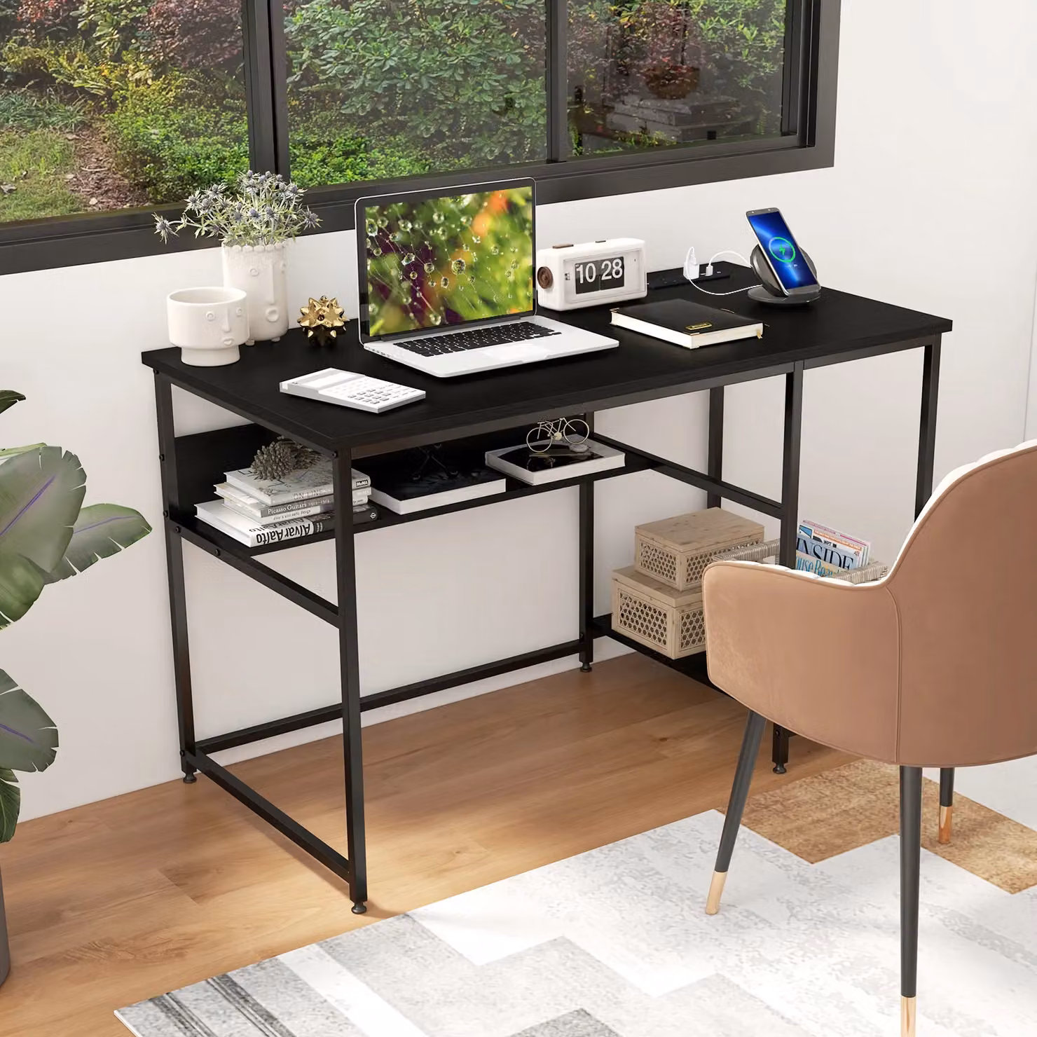 Costway Modern Computer Desk with Power Outlet and Shelf in Black – 5