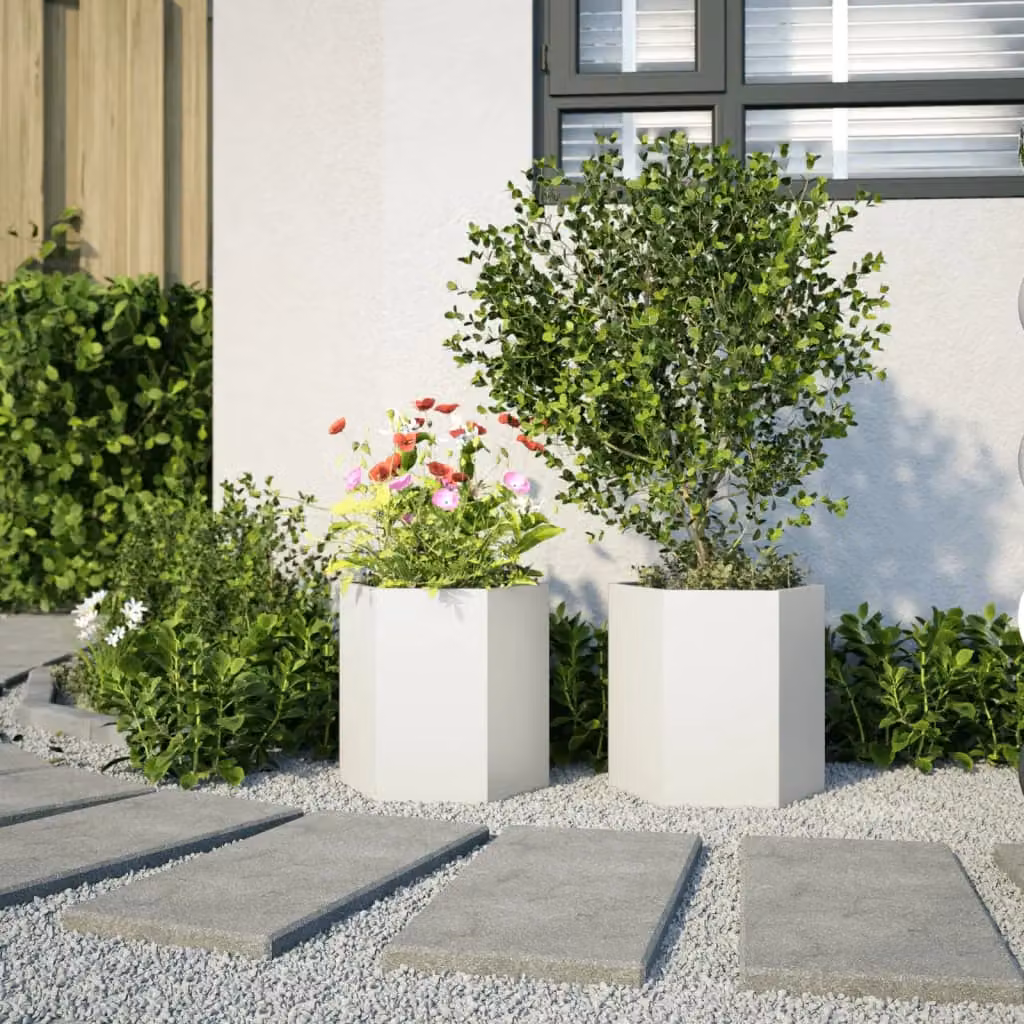Berkfield Home Garden Hexagon Steel Planter Set, 2 Pieces, White, W: 46 cm, D: 40 cm, H: 45 cm – 3