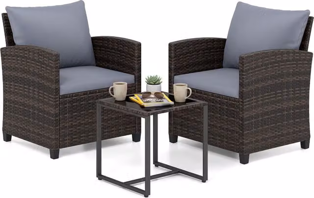 COSTWAY 3 Piece Grey Polyrattan Patio Furniture Set with Upholstered Cushions and Coffee Table