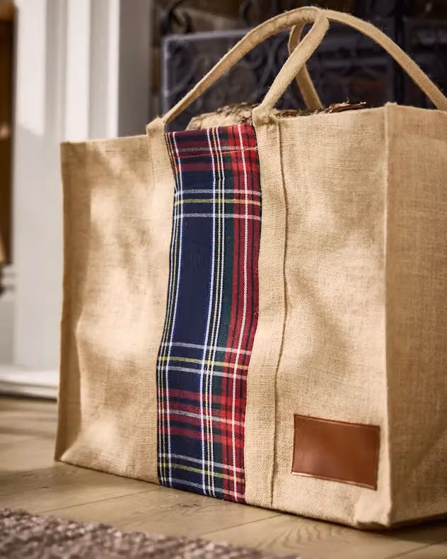 Dibor Traditional Tartan Plaid Natural Firewood Log Storage Jute Bag in Brown, Sand and Multicolour, H40 x W60 cm – 2