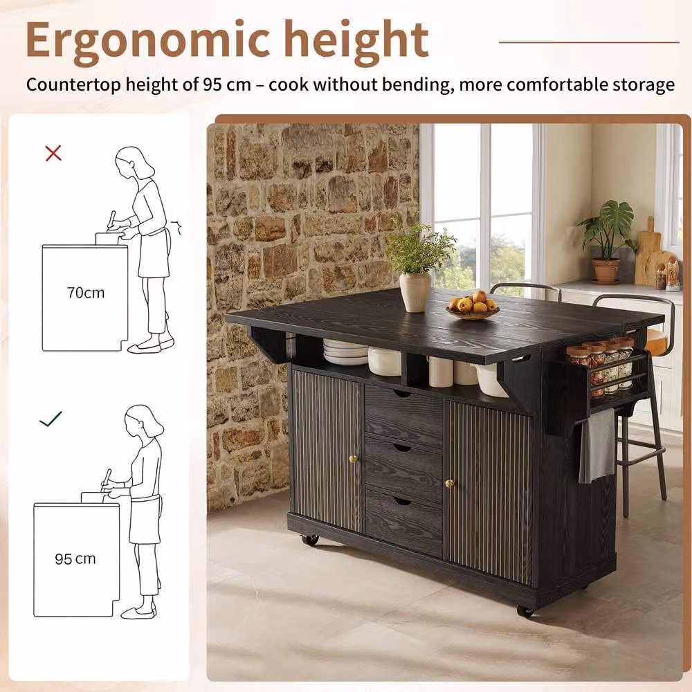 Merax Fluted Drop Leaf Kitchen Island Mobile Storage Trolley Cabinet in Black, W/D/H: 142.5 x 40.0 x 95.0 cm – 5