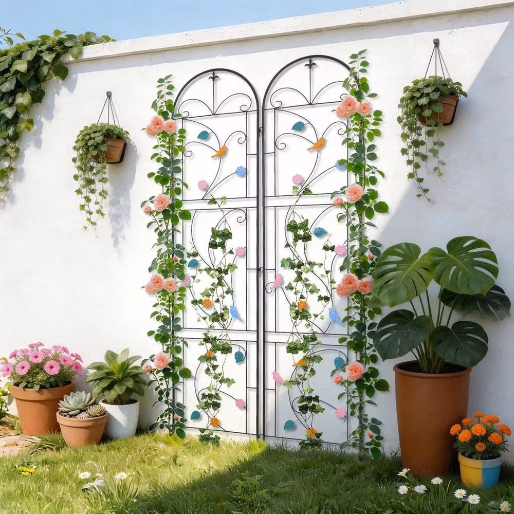 KORVIXA Black Metal Garden Trellis Leaf and Bird Wire Lattice Grid Panel, W/H: 100 x 213.36 cm – 4