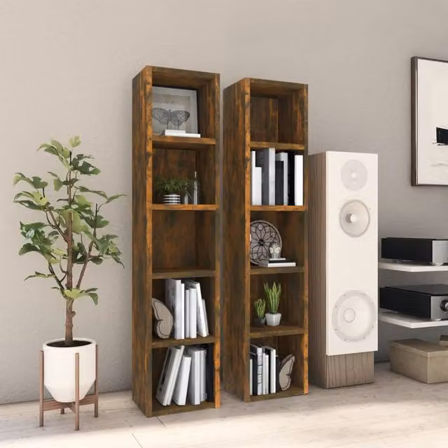 Berkfield Home Set of 2 Wall Mounted CD Cabinets in Smoked Oak Brown, W/D/H: 21 x 16 x 93.5 cm – 1