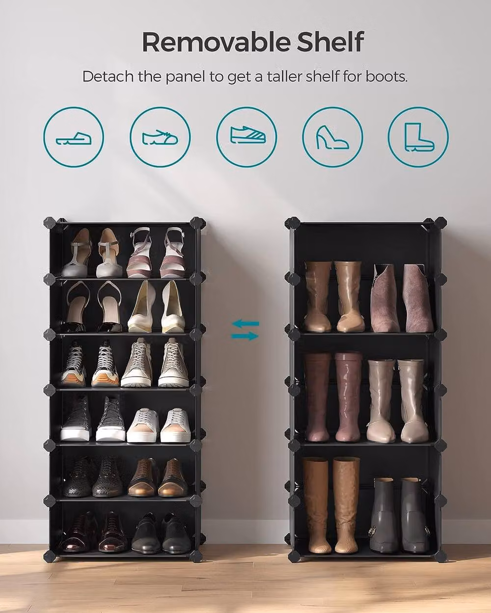 SONGMICS 10 Slot Modular Plastic Shoe Rack and Wardrobe Organiser with Adjustable Shelves, Black – 3