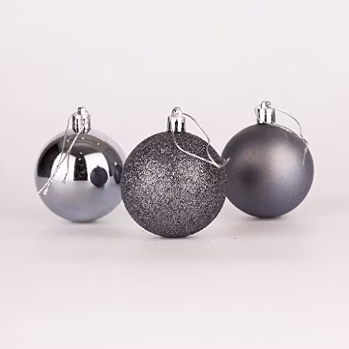 Shatchi 12-Piece Shatterproof Christmas Bauble Hanging Decorations in Grey and Silver, 50mm Round Plastic Ornaments