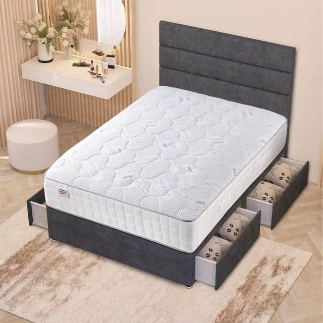 Somnior Beds Ltd Grey Upholstered Fabric Bed Frame with Headboard and Drawers W/D/H: 140 x 200 x 137.16 cm