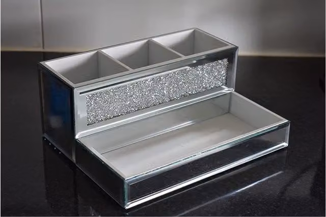 DEENZ Silver Glass and Acrylic Rectangular Tabletop Makeup Brush Holder