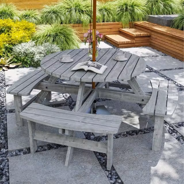 Outsunny Grey Rustic Treated Hardwood Round Wooden Picnic Table and Bench Set