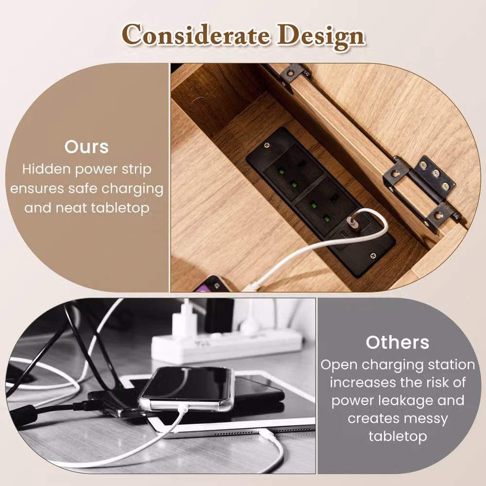 Costway Narrow Nightstand End Table with Charging Station in Natural Wood – 5