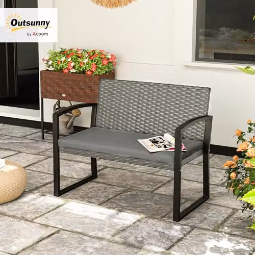 Outsunny 2 Seater Rattan Garden Bench with Cushion and Metal Frame, Grey – 2