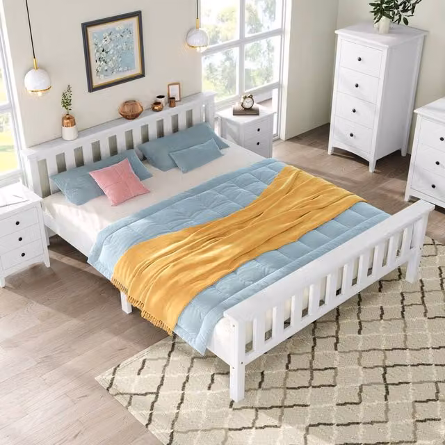 Merax White Solid Pine Wooden Bed Frame with Slatted Headboard, W/D/H: 90 x 190 x 82 cm – 1