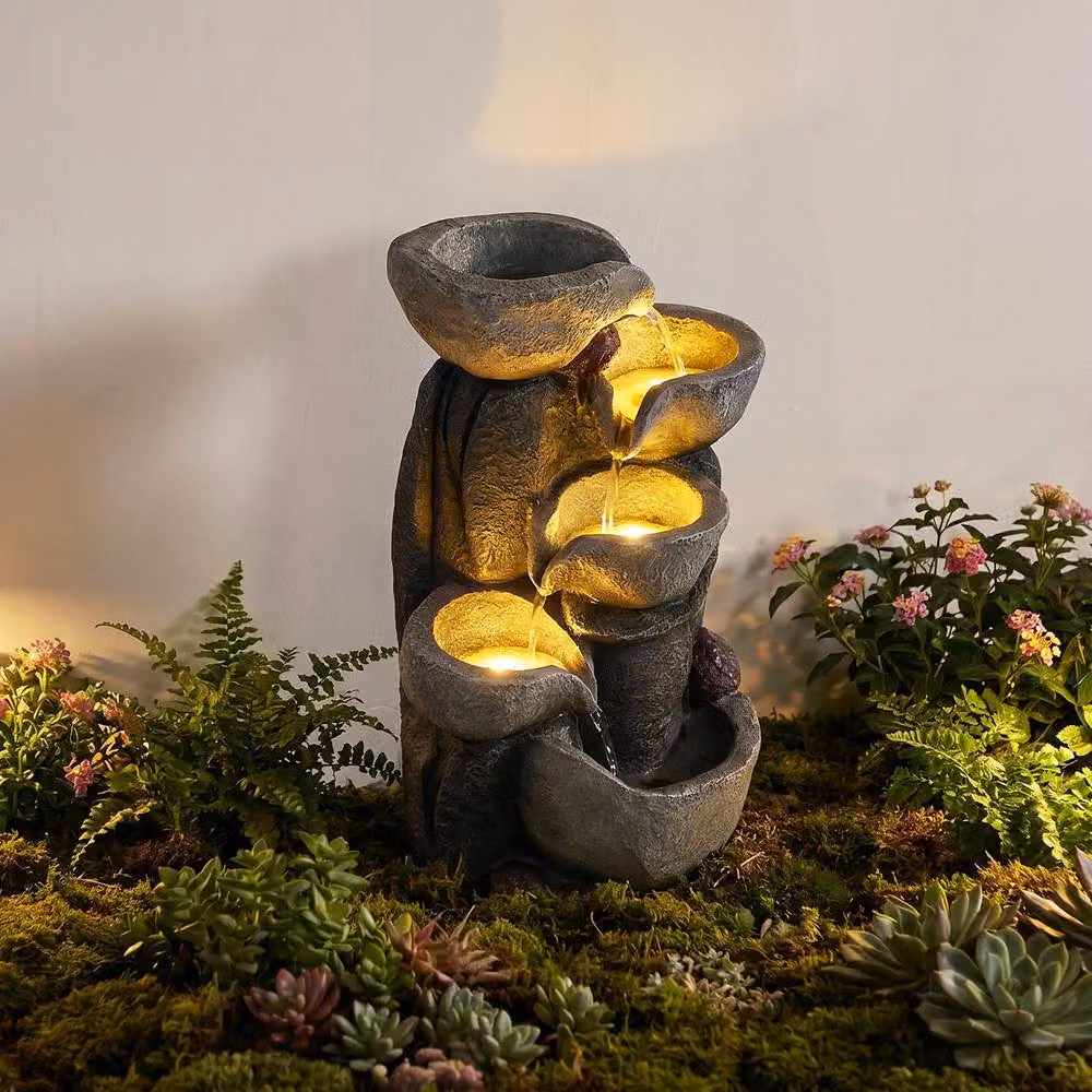 Gymax Grey Tabletop Outdoor Water Fountain with LED Lights and Cascading Round Bowl – 3