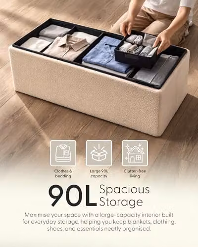 Keplin Beige Bouclé Storage Ottoman Bench with 150kg Capacity, W/D/H: 76 x 38 x 38 cm – 3