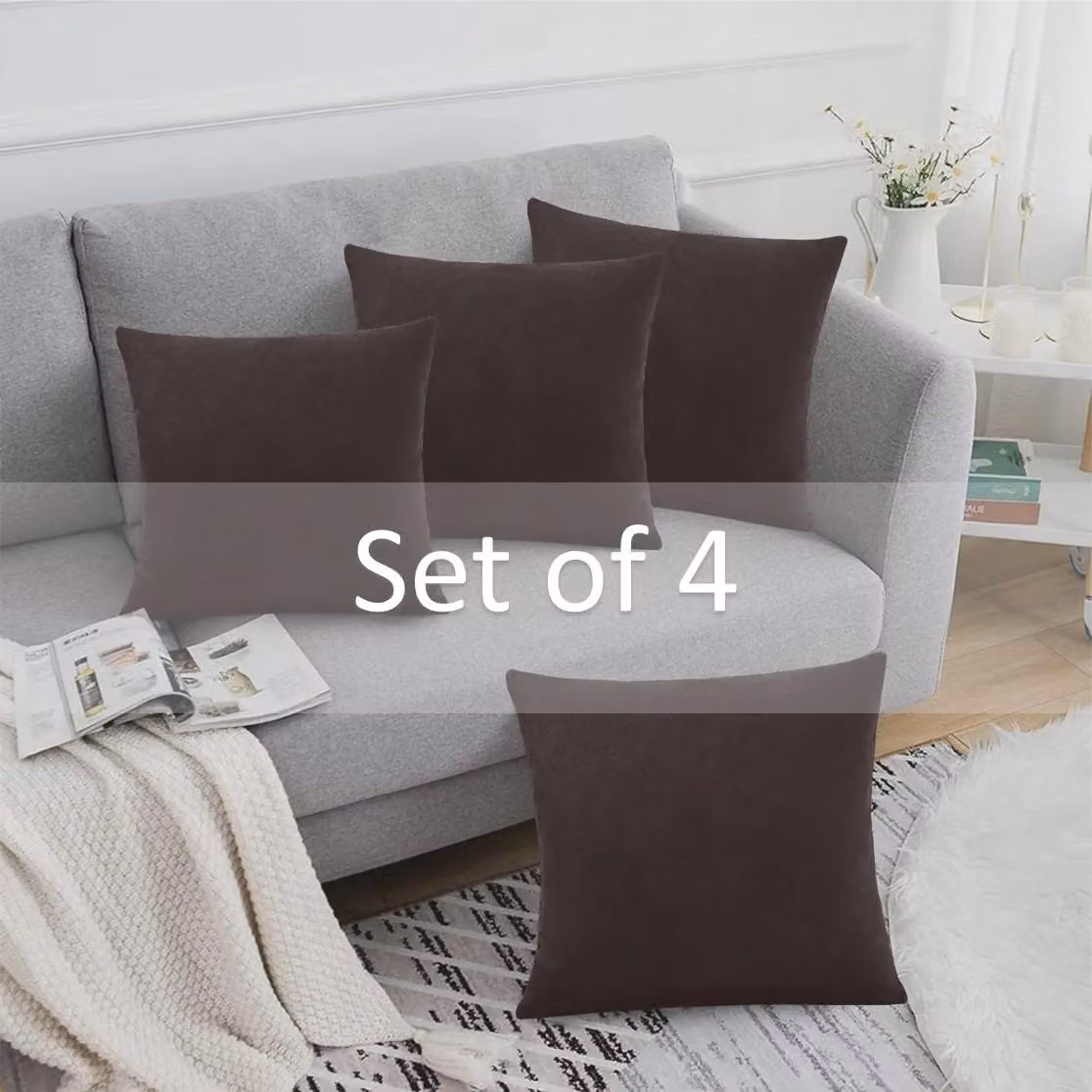 Luxor Living Set of 4 Brown Velvet Chenille Square Cushions with Removable Covers, W/D/H: 45 x 45 x 45 cm – 2