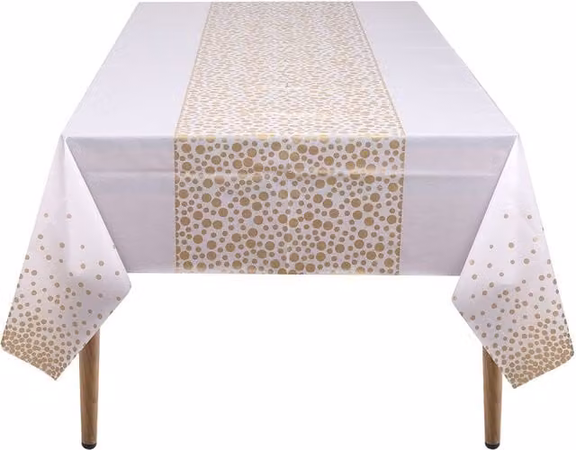Neel Blue PVC Rectangular Tablecloth with Gold Dot Confetti Print, W: 137 cm, L: 274 cm