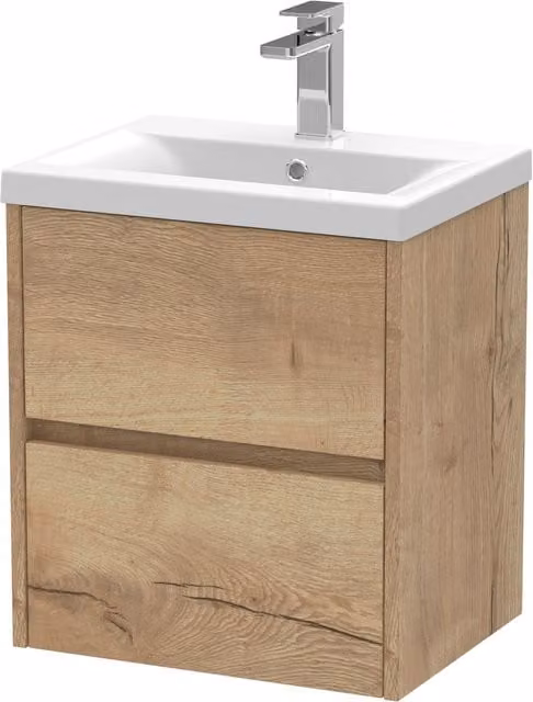 Balterley Square Wall Hung 2 Drawer Vanity Unit and Basin, Autumn Oak, Brown, Width: 50 cm