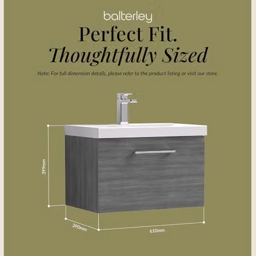 Balterley Wall Hung Single Drawer Vanity Unit with Thin Edge Basin in Woodgrain Anthracite, W: 61.0 cm, D: 39.0 cm, H: 39.9 cm – 2