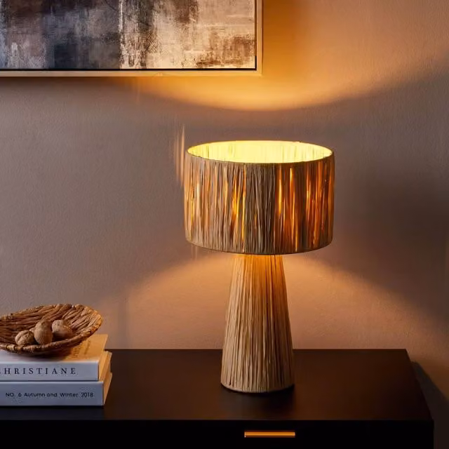 Wyld and Coco Boho Table Lamp with Natural Palm Leaf and Raffia Shade in Beige and Wood