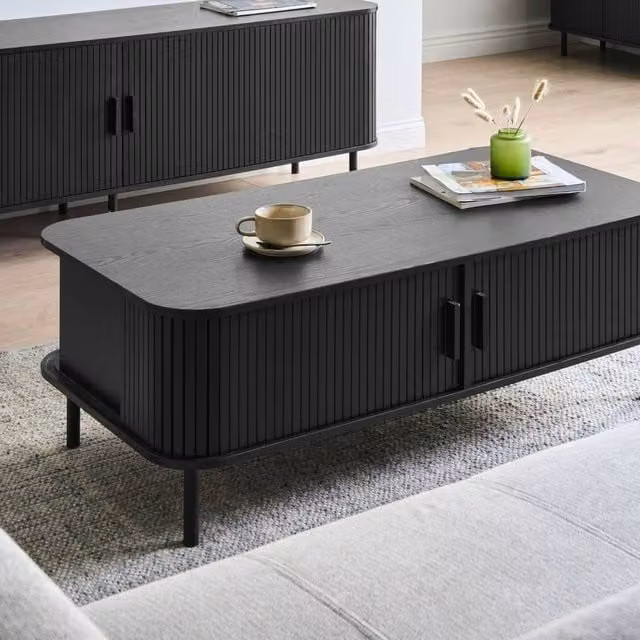 Wyld and Coco Black Laminated Wood and Metal Coffee Table with Sliding Storage, W/D/H: 120 x 60 x 41 cm