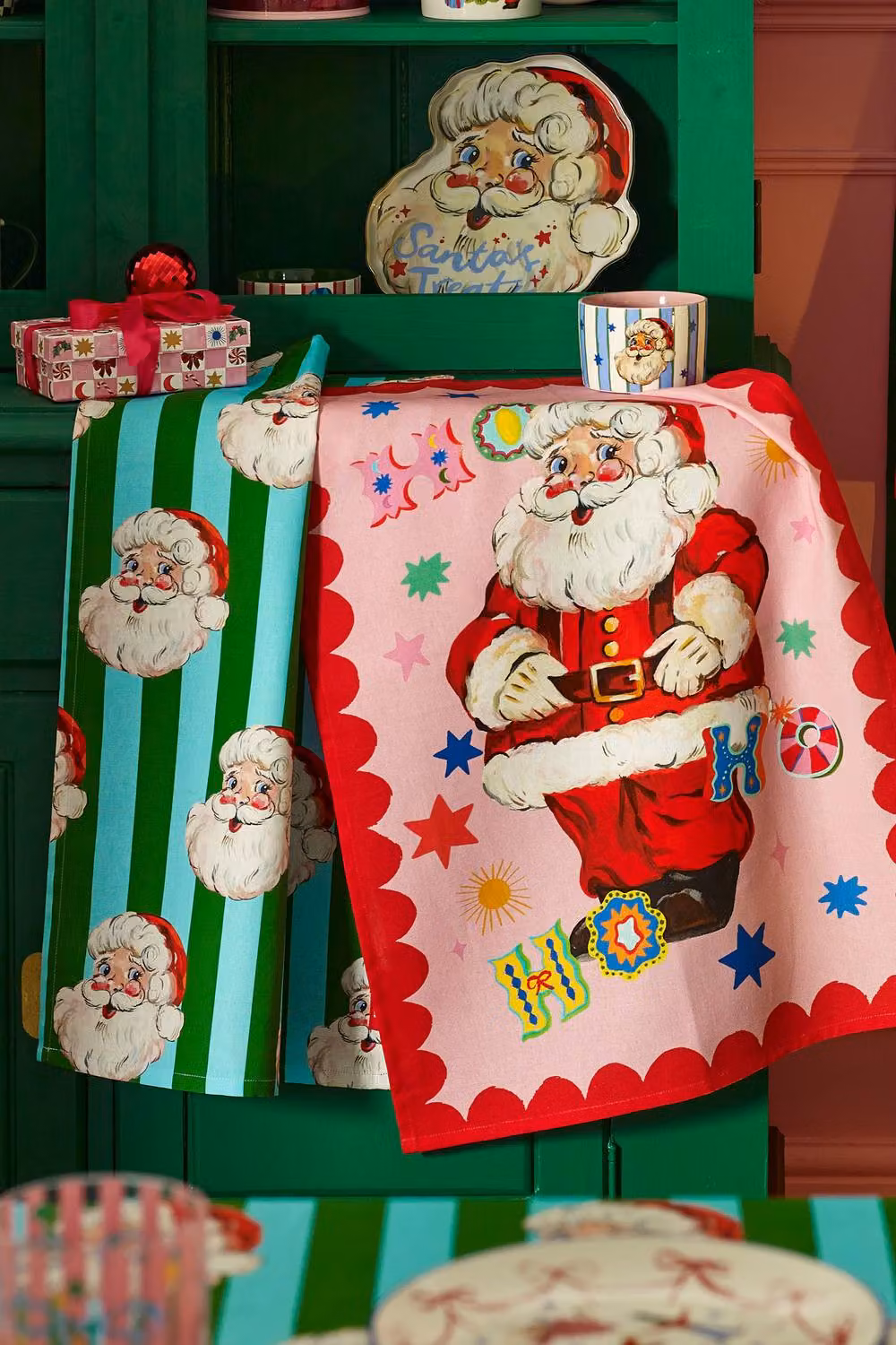 Eleanor Bowmer Jolly Santa Cotton Kitchen Tea Towel Pack of 2, Multicolour and Green, W: 50 cm, H: 70 cm – 2