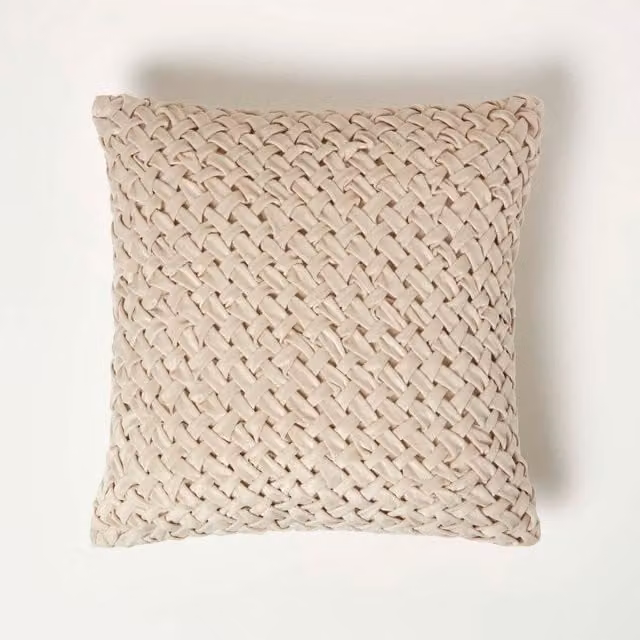 Homescapes Sofia Pleated Velvet Cushion in Beige, W/D/H: 45 x 45 x 45 cm