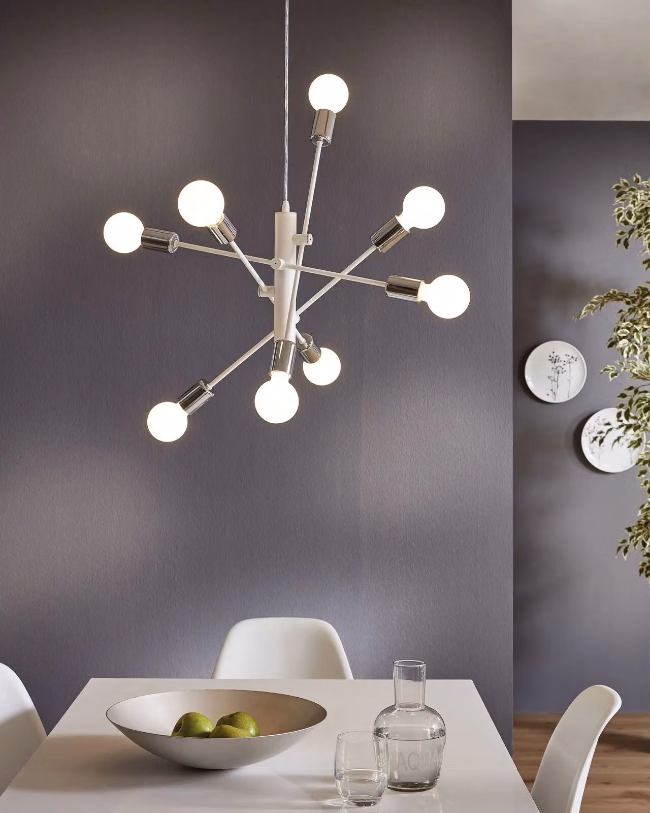 Loops Suspended Pendant Ceiling Light in White and Chrome with E27 Bulb Holder for 8 x 60W Bulbs – 2
