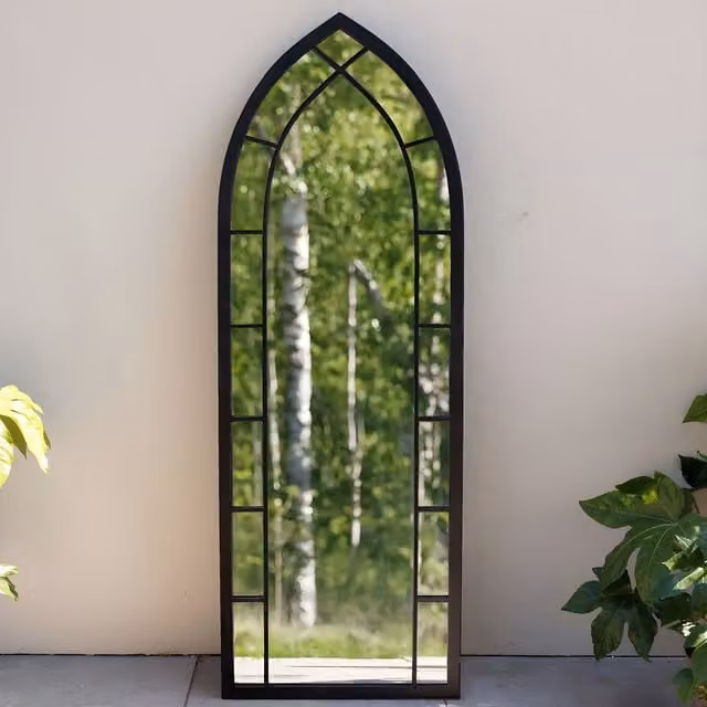 Primrose Pointed Arch Garden Mirror with Black Metal Frame and Glass Window Illusion, Height: 170 cm – 1