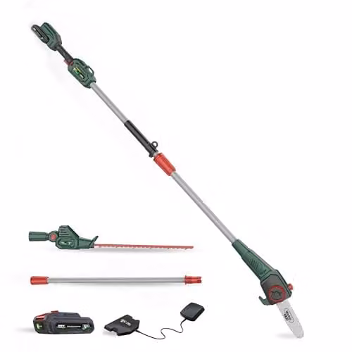 Webb Eco 20V Long Reach 50cm Hedge Trimmer and 20cm Pruner Attachment with 2Ah Rechargeable Battery and Charger, Green – 1