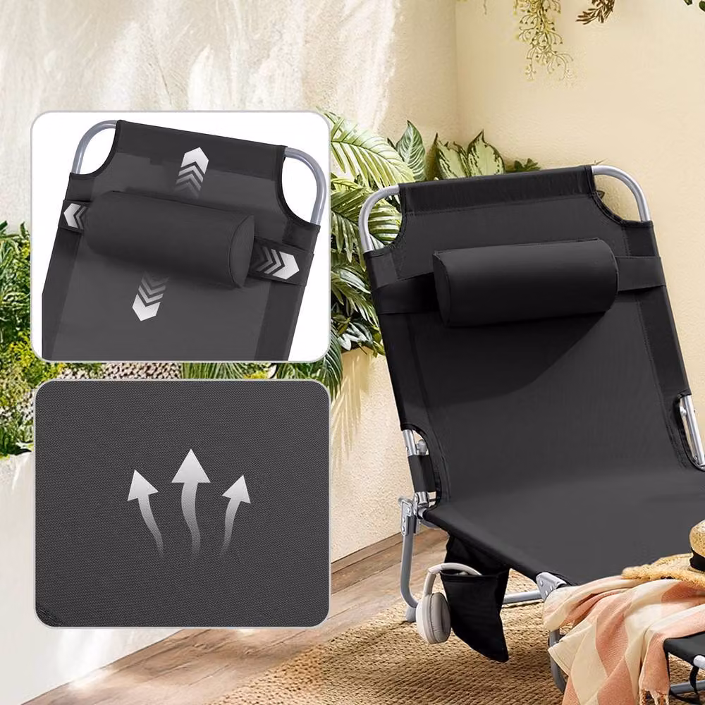 SoBuy Set of 2 Black Foldable Sun Loungers with Adjustable Headrests and Powder Coated Steel Frame – 5