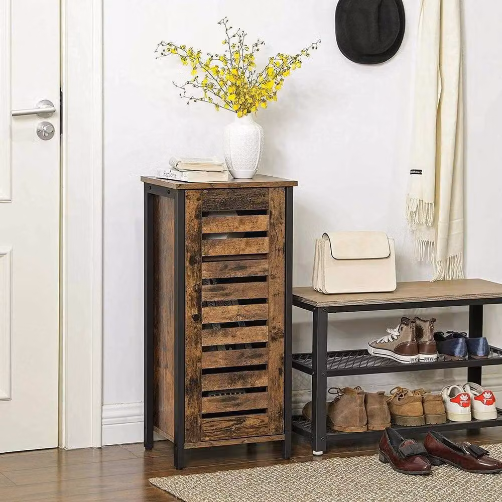KORVIXA Industrial Wood and Metal Shoe Rack and Nightstand in Dark Brown, W/D/H: 80 x 37 x 30 cm – 4