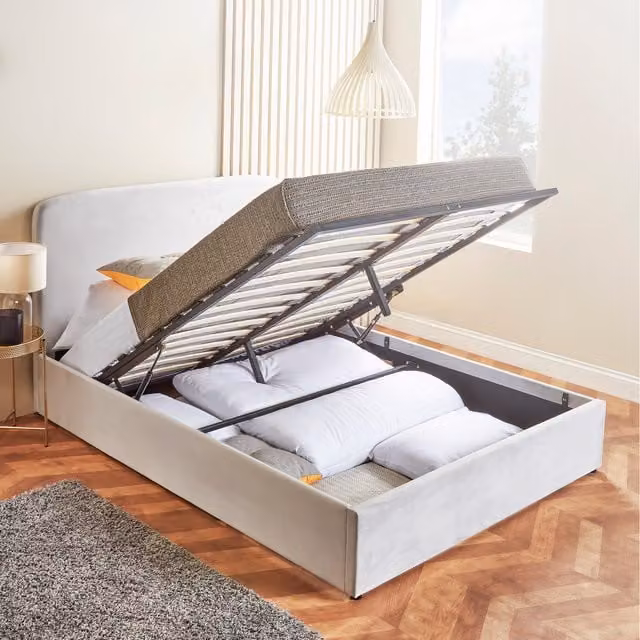 Home Treats Grey Velvet Upholstered Bed Frame with Lift Up Storage Base, 140 x 200 cm