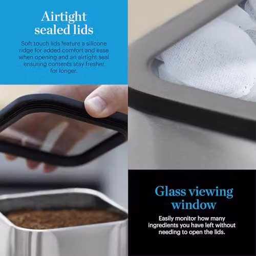 Tower Set of 3 Airtight Stainless Steel Kitchen Storage Canisters with Glass Viewing Window, 1.5 l, Grey/Silver – 6