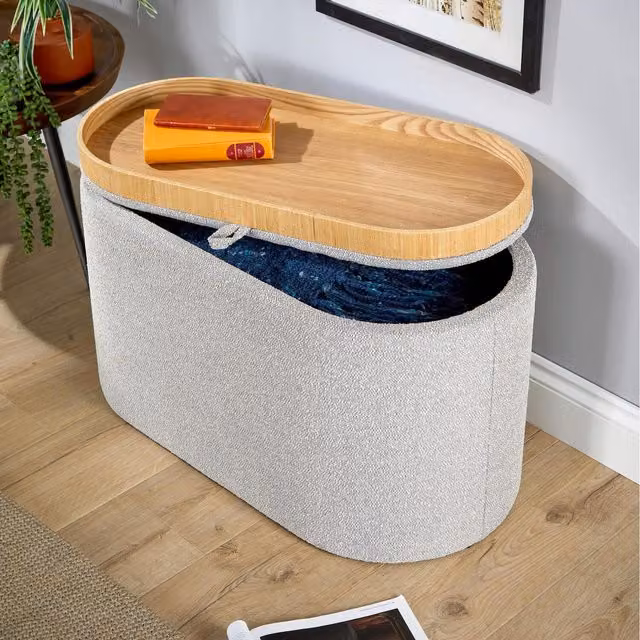 Home Source Merida Grey Bouclé Ottoman with Reversible Tray Lid