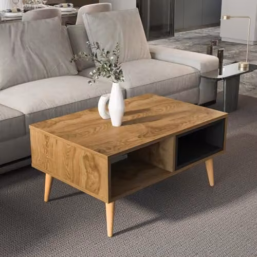 DECOROTIKA Oberon Rectangular Design Coffee Table in Black and Brown with Solid Wood Legs, W: 90 cm, D: 60 cm, H: 43 cm