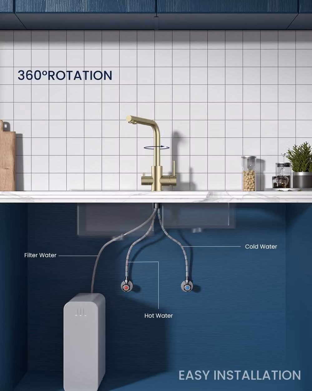 Dayone Brushed Gold 3 Way Kitchen Tap with Filtered Water and 360 Swivel Spout, SUS304 Stainless Steel – 6
