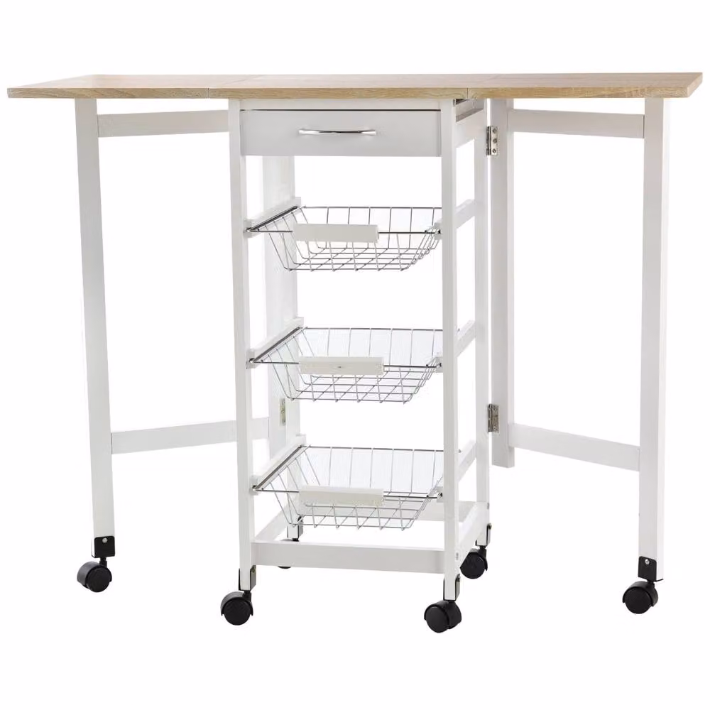 Wyld Haus Ziha Drop Leaf Kitchen Trolley in Oak and White with Baskets and Wheels – 2