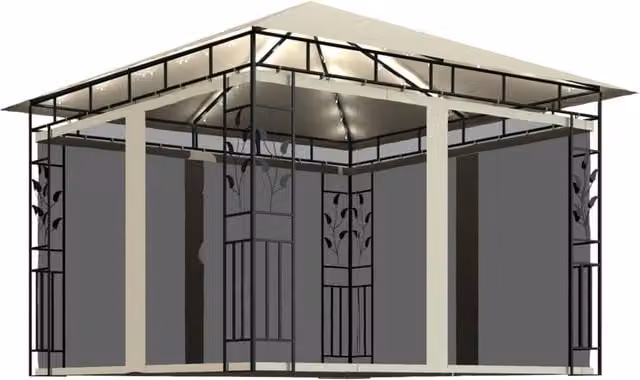 Berkfield Home Gazebo with Mosquito Net and LED String Lights, Beige, W/D/H: 300 x 300 x 273 cm – 1