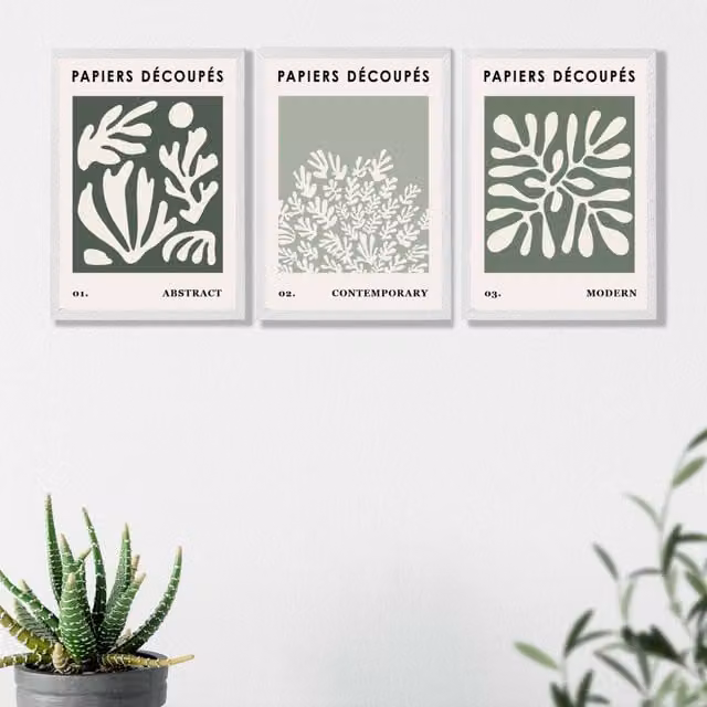 ARTZE Matisse Floral Set of 3 Wall Art Prints in Green, Sage and Beige with White Frame