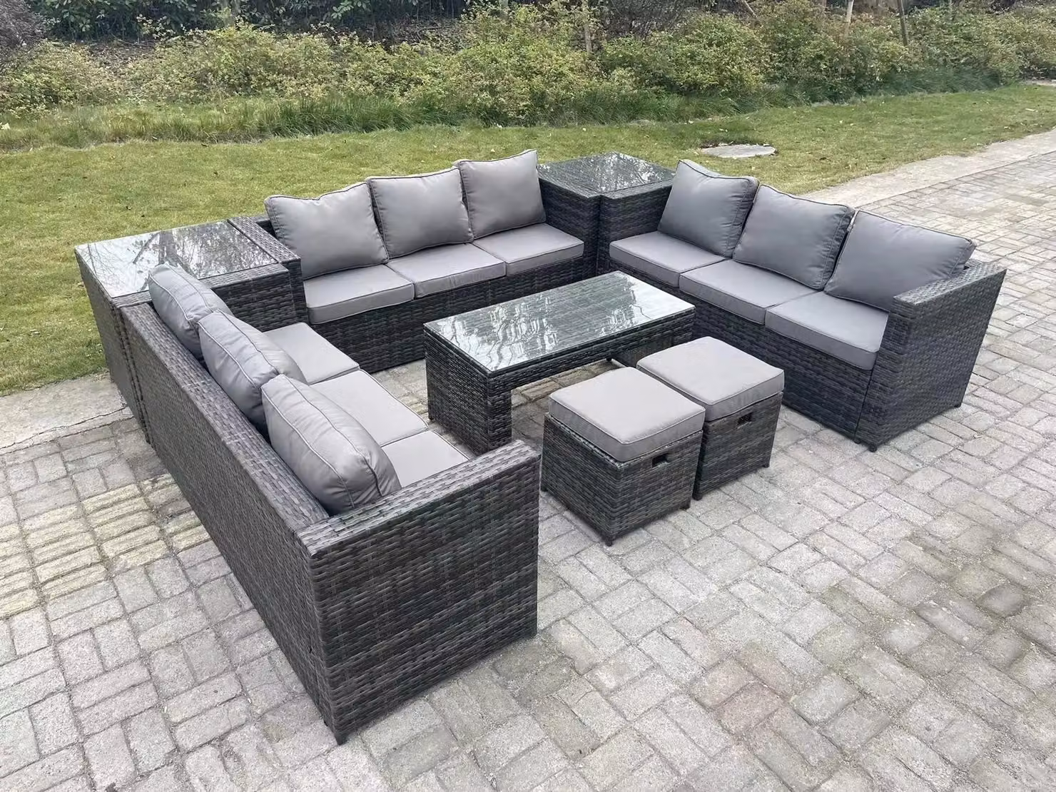 Fimous Dark Grey Rattan Outdoor Garden Furniture Lounge Sofa Set with Oblong Rectangular Coffee Table and 2 Stools – 2