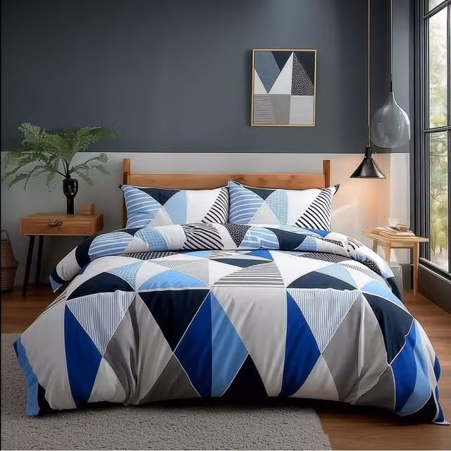 Snug City Single Polycotton Duvet Cover and Pillowcase Set with Multi Colour Triangle Design in White